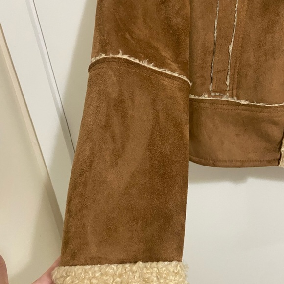 Decree Brown Faux Suede Shearling Bomber Jacket with Cream Trim - Picture 3 of 8